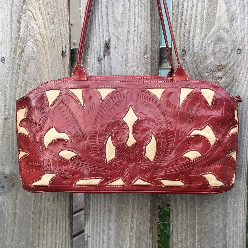 Red leather floral LEADERS IN LEATHER handbag